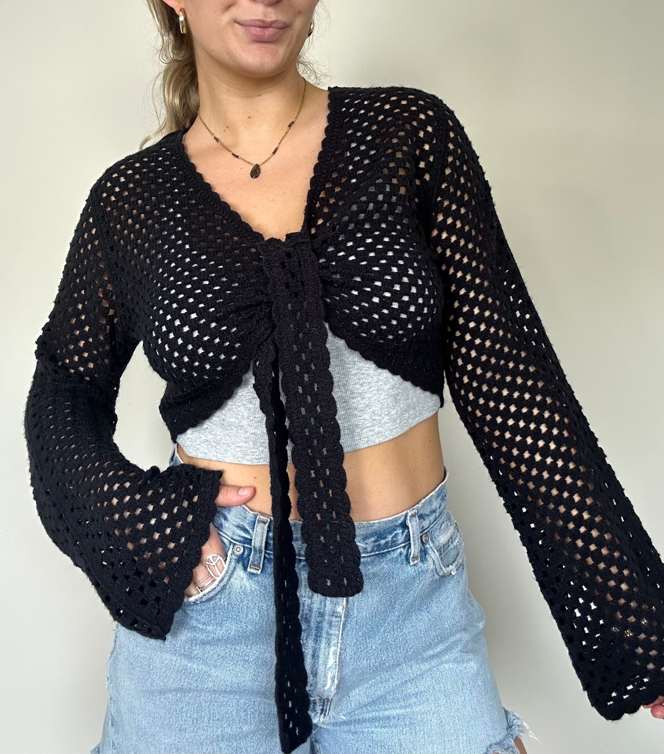 Black Crochet Tie Front Top