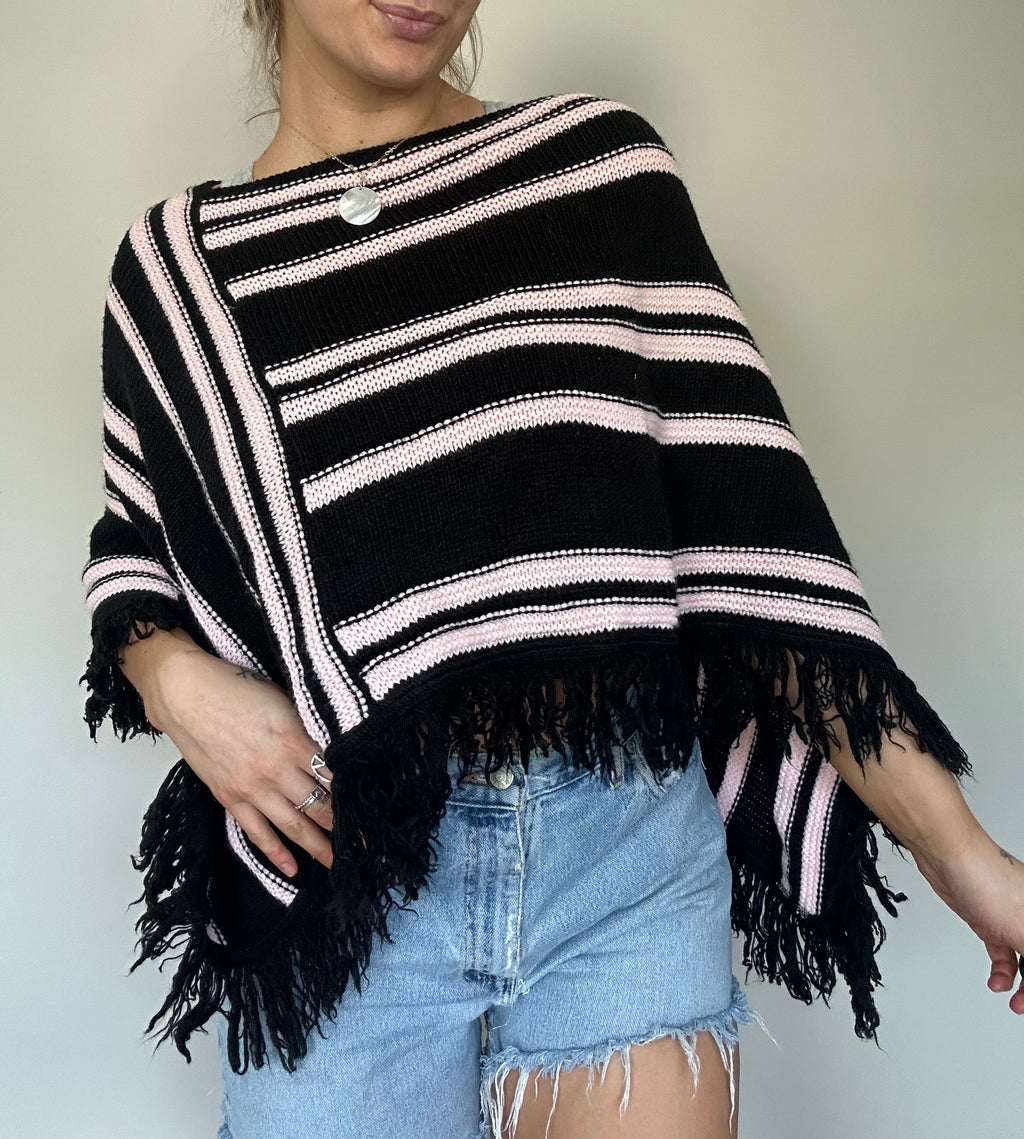 Vintage Striped Fringe Poncho