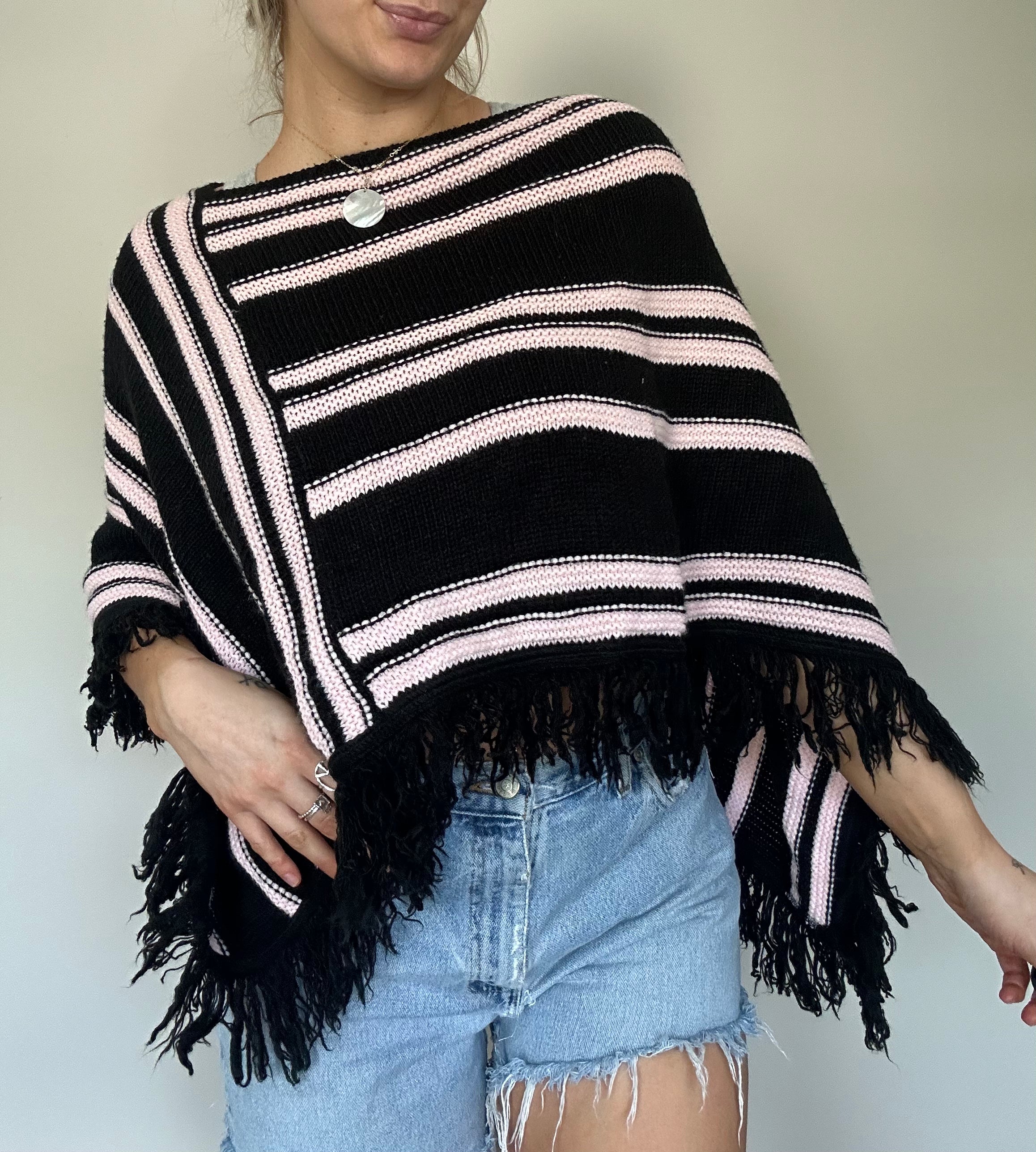 Vintage Striped Fringe Poncho