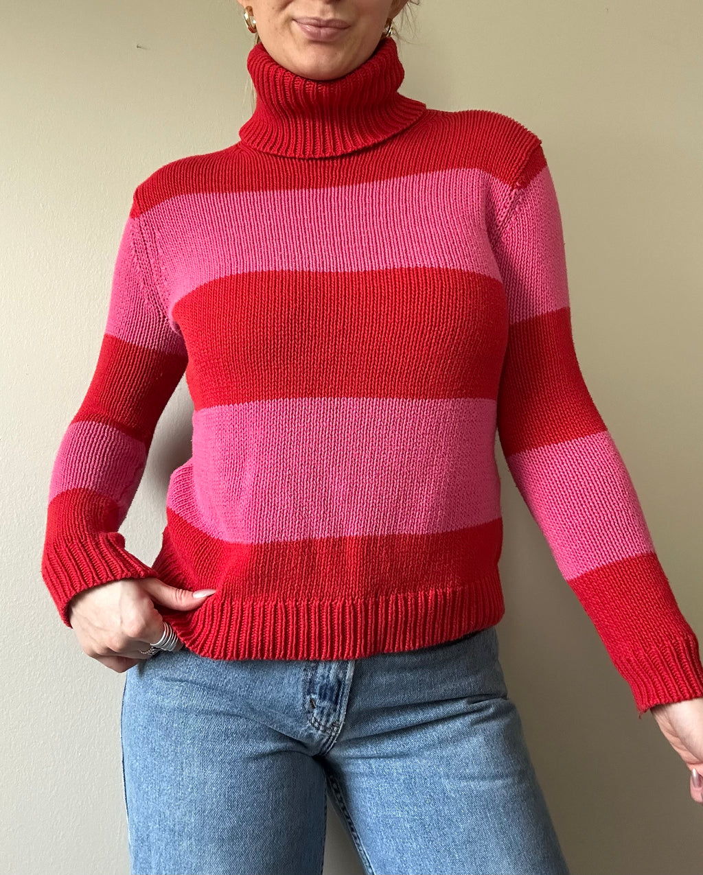 Red and Pink Turtleneck Knit Sweater