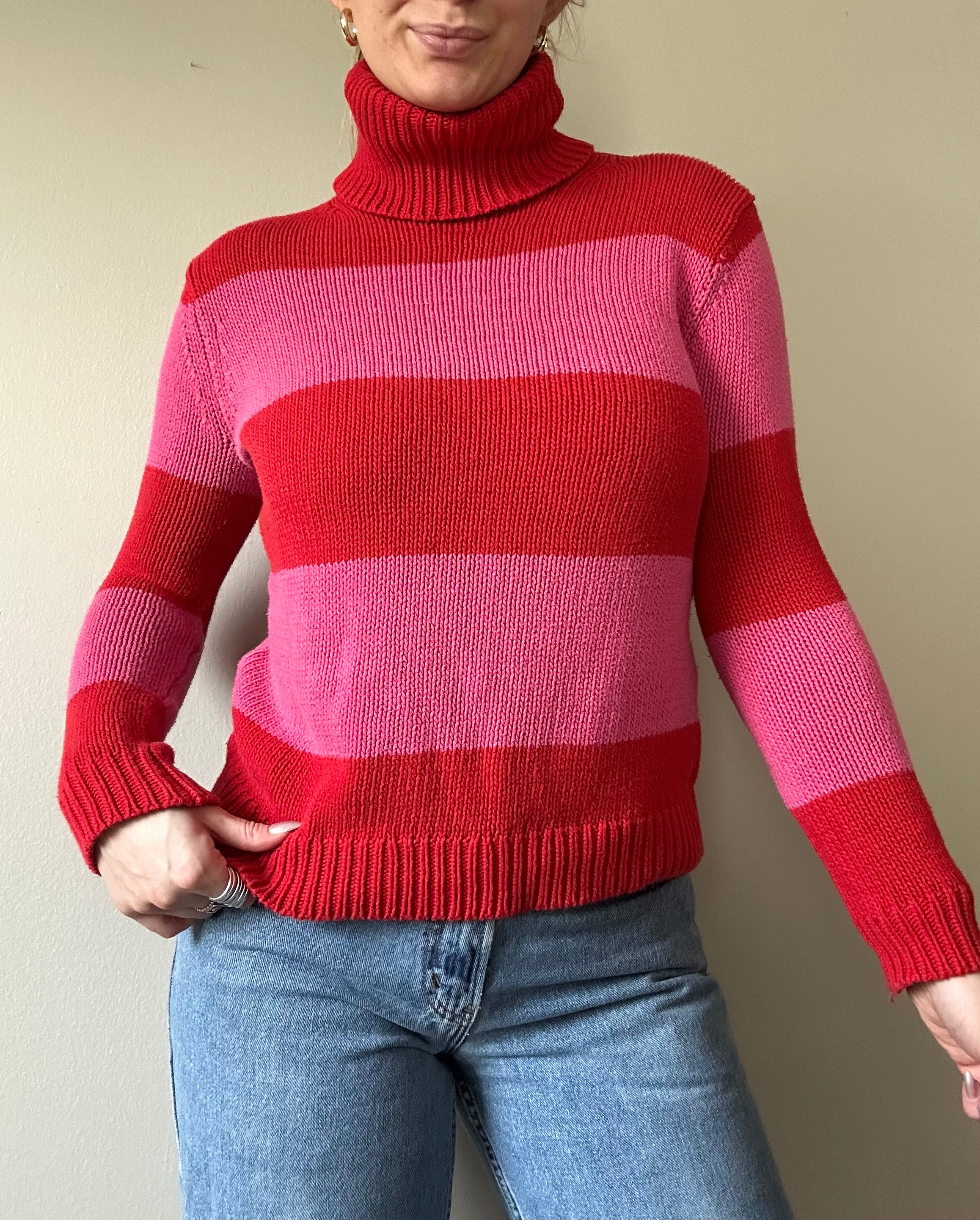 Red and Pink Turtleneck Knit Sweater