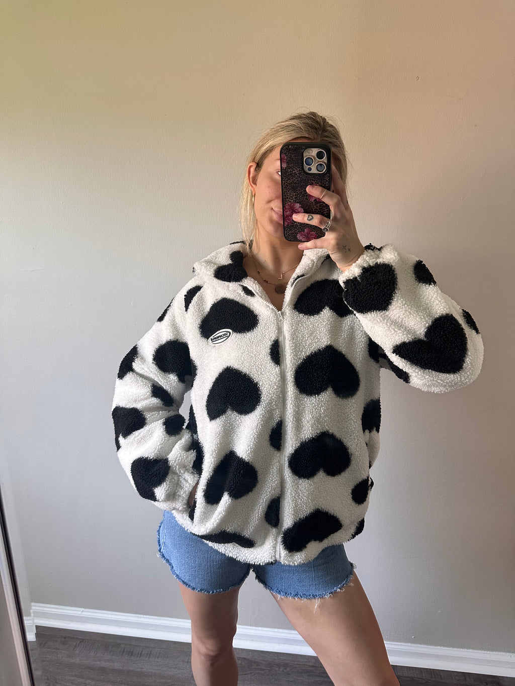 Black and White Heart Sherpa Jacket