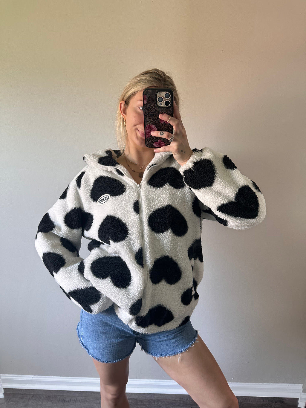 Black and White Heart Sherpa Jacket