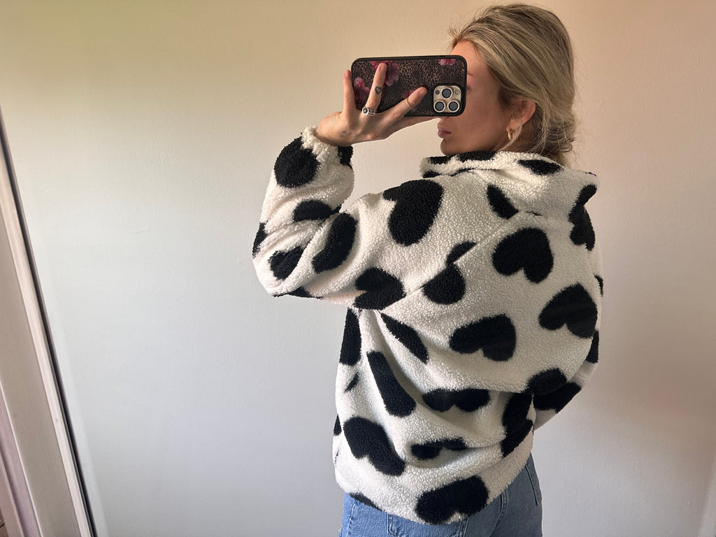 Black and White Heart Sherpa Jacket