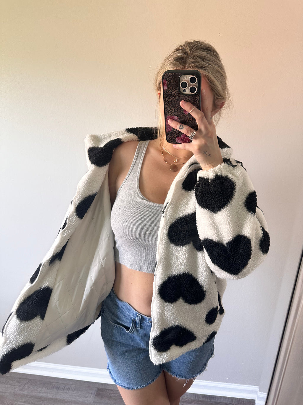 Black and White Heart Sherpa Jacket