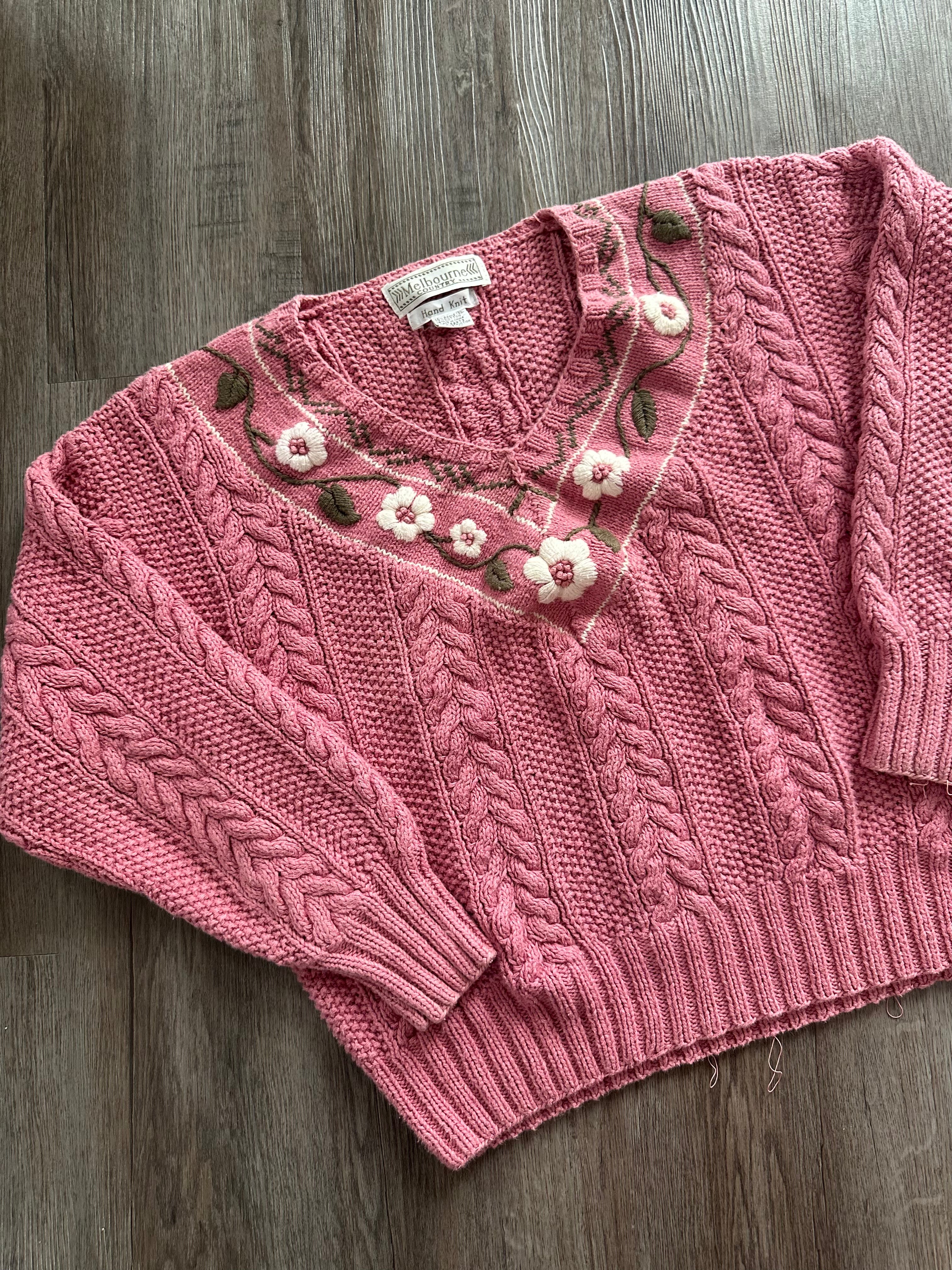 Vintage Hand Knit Pink Floral Sweater