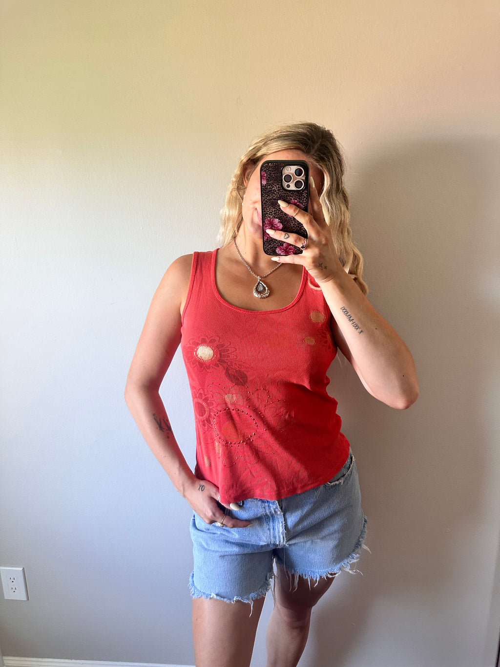 Ribbed Orange Floral Tank Top