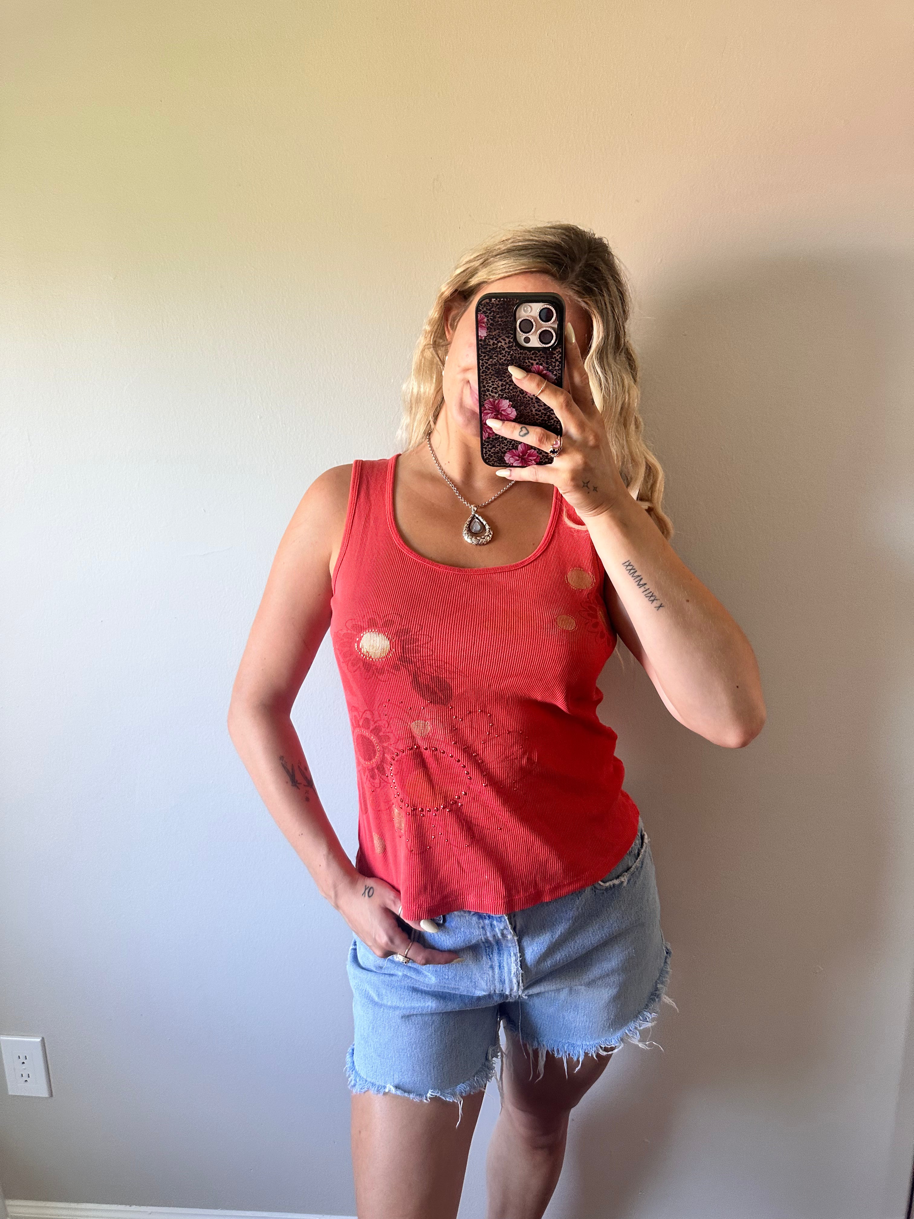 Ribbed Orange Floral Tank Top