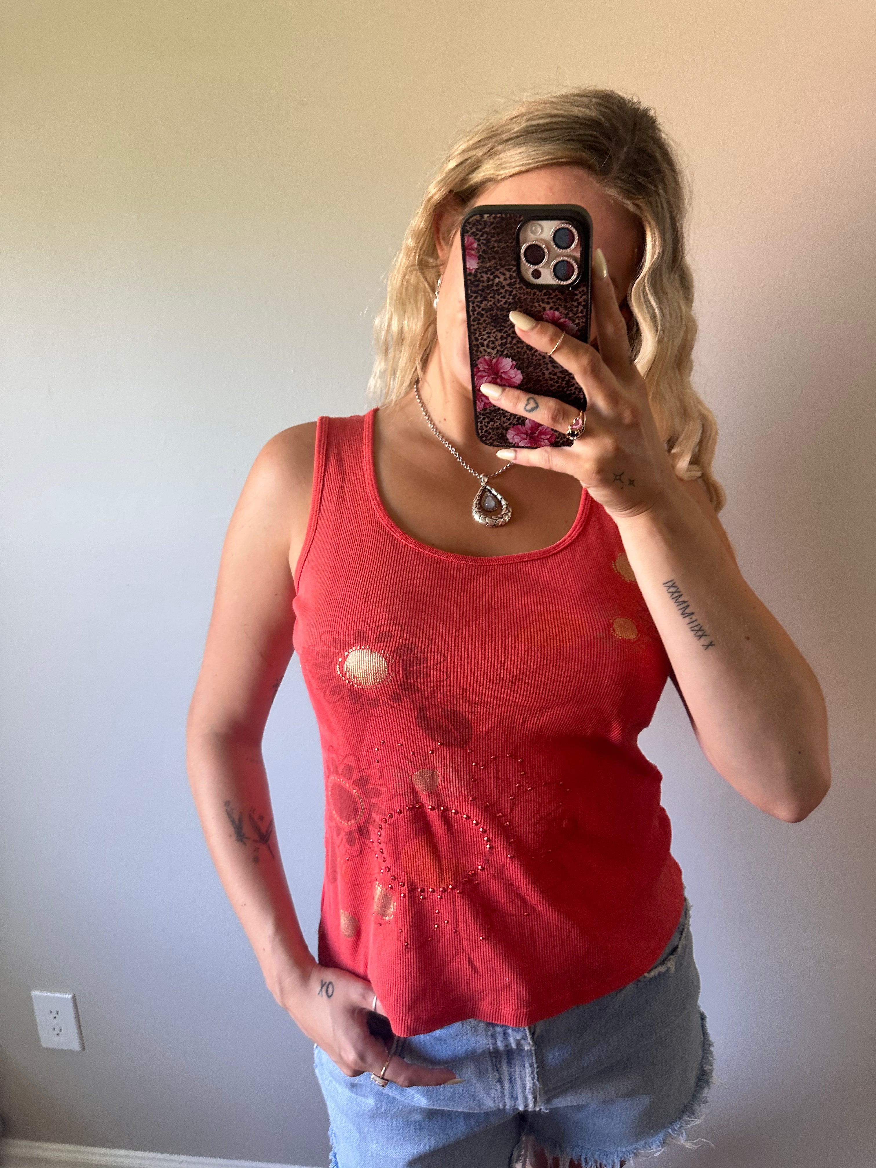 Ribbed Orange Floral Tank Top