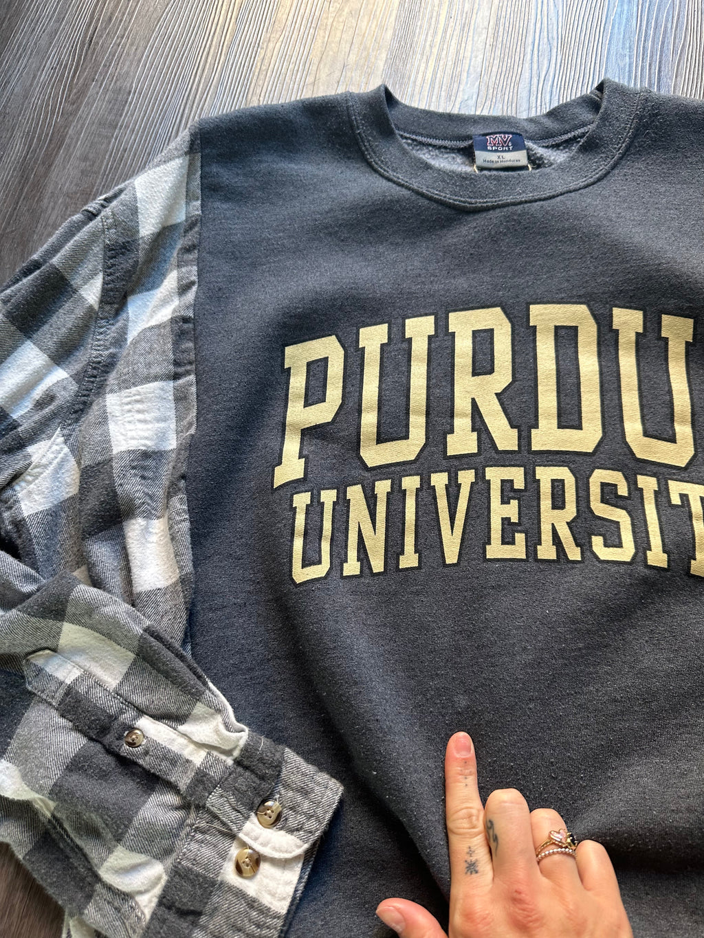 Purdue Upcycled Flannel Crewneck